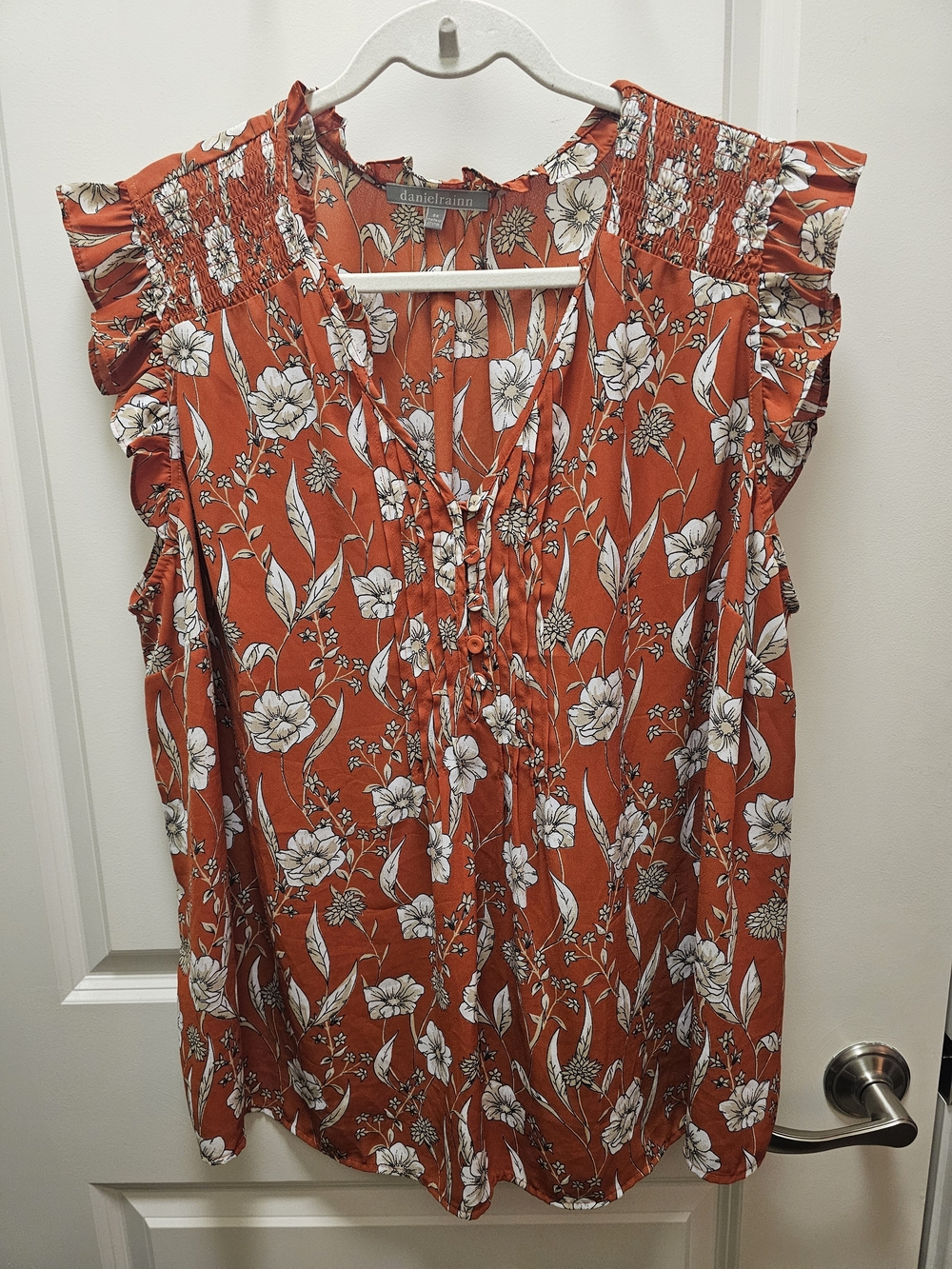 Daniel Rainn Rust Orange Floral Tie-Front Ruffle Blouse